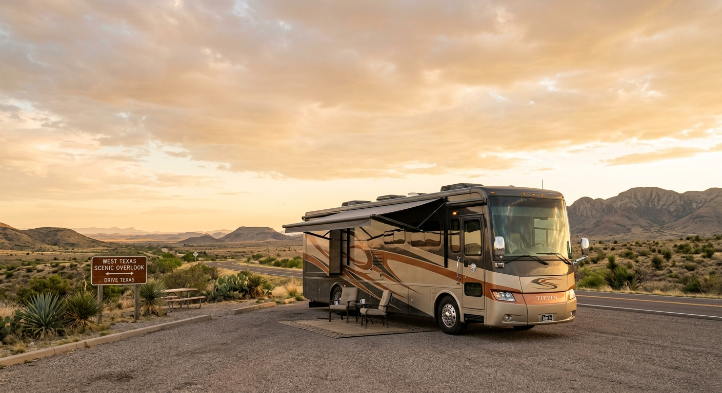 A large white Class A motorhome parked on an open Texas highway with red rock formations and a wide blue sky in the