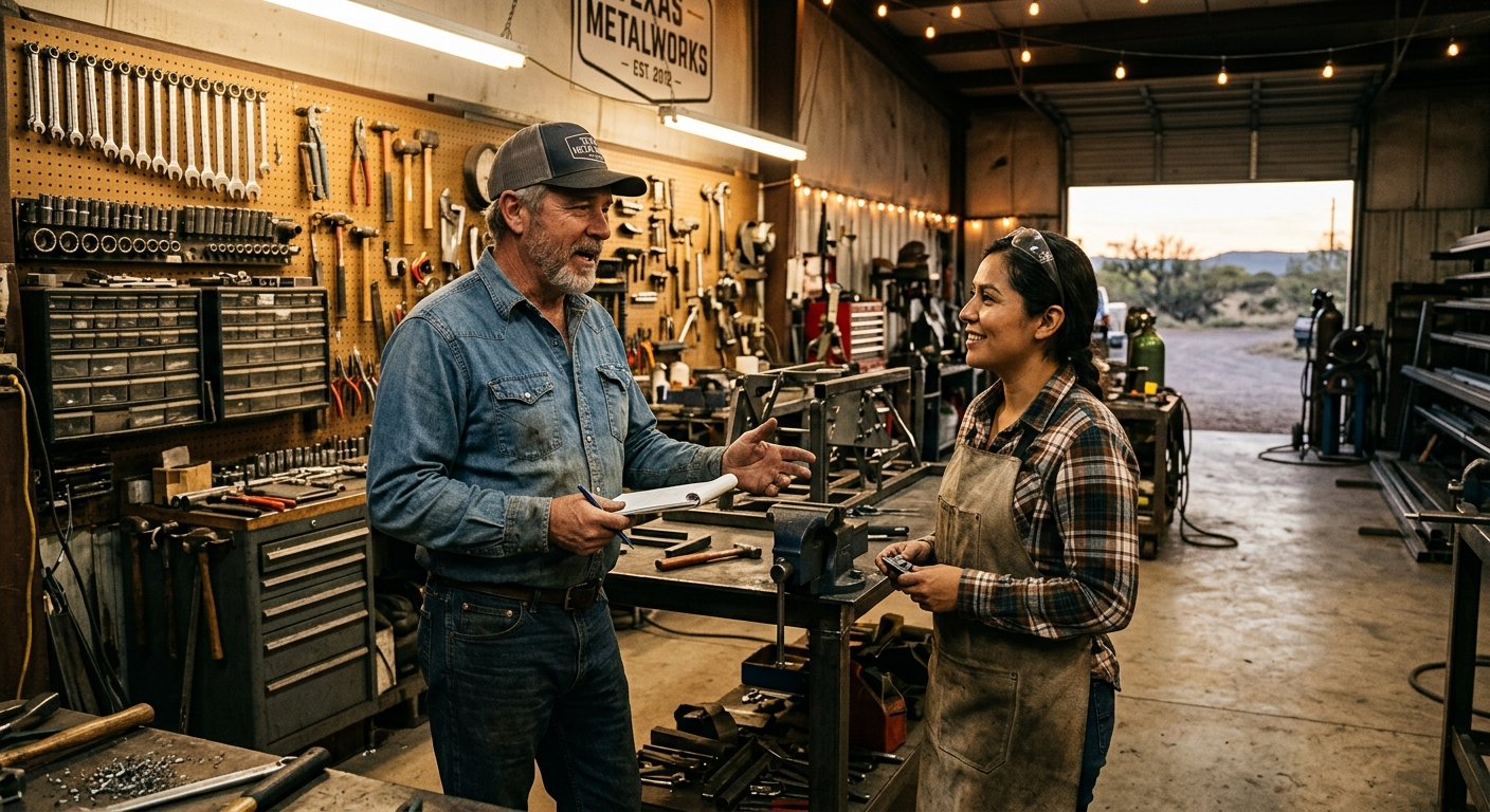 Small business owner in a hard hat reviewing paperwork at a Lubbock Texas job site