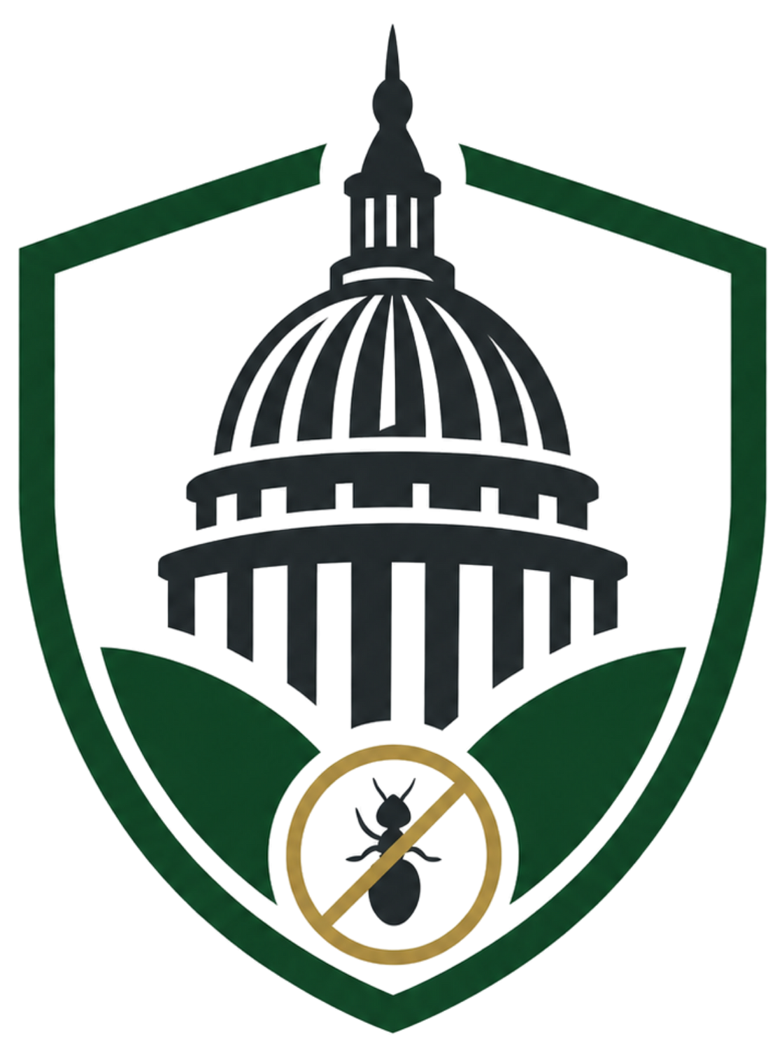 Green shield logo with U.S. Capitol dome and crossed-out ant symbol at the bottom