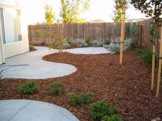 Landscaped backyard with curved concrete paths, wood mulch, shrubs, and a bamboo fence