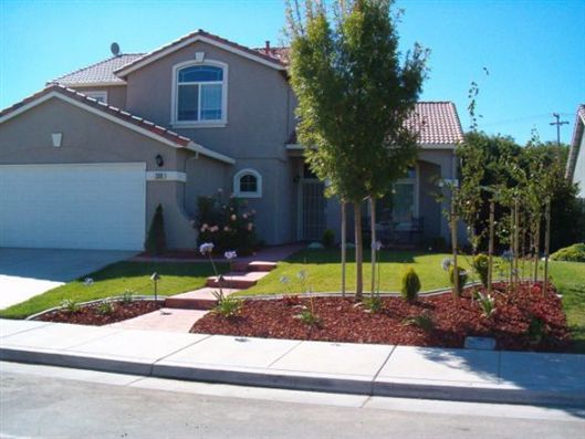 Suburban house with two-car garage, young trees, and red mulch landscaping by the sidewalk