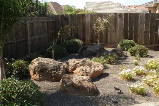 Backyard desert garden with large rocks, gravel, a wooden fence, and small succulents.