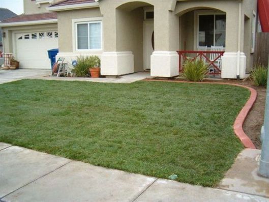 Front yard with freshly mowed lawn, concrete walkway, and a beige house with arched porch columns.
