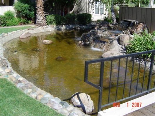 Small backyard pond with rocks, green grass, and a black metal railing beside a house