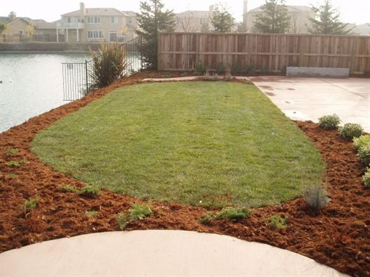 Freshly landscaped backyard with green lawn, red mulch edges, and a lake beside a wooden fence.