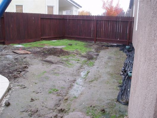 Muddy backyard with patchy grass beside a wooden fence and house wall