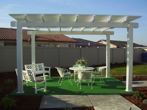 White pergola over a green patio with outdoor chairs and a table in a fenced backyard