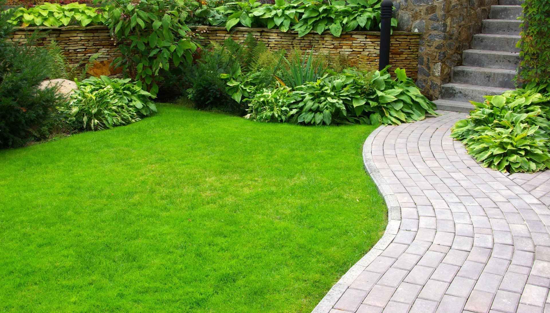 Curved stone garden path beside a bright green lawn and lush plants near stone steps