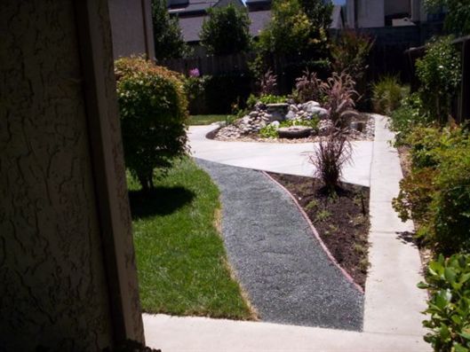 Curved gravel garden path beside a house, bordered by concrete edging and green shrubs.