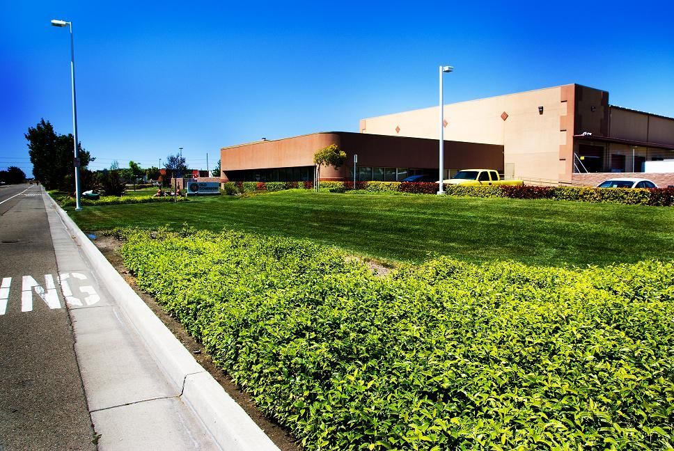 Sunlit roadside beside a large beige building and green lawn under a clear blue sky