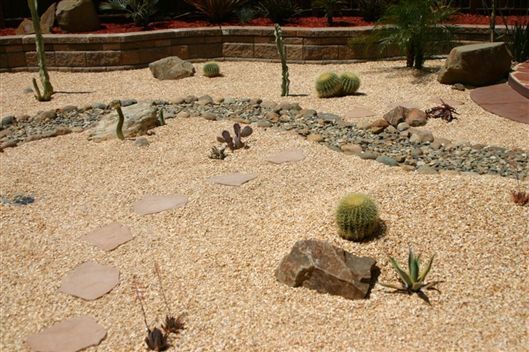 Desert garden with gravel, stepping stones, rocks, and small cactus plants
