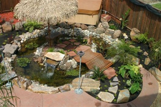 Backyard pond garden with rocks, plants, and a small wooden bridge