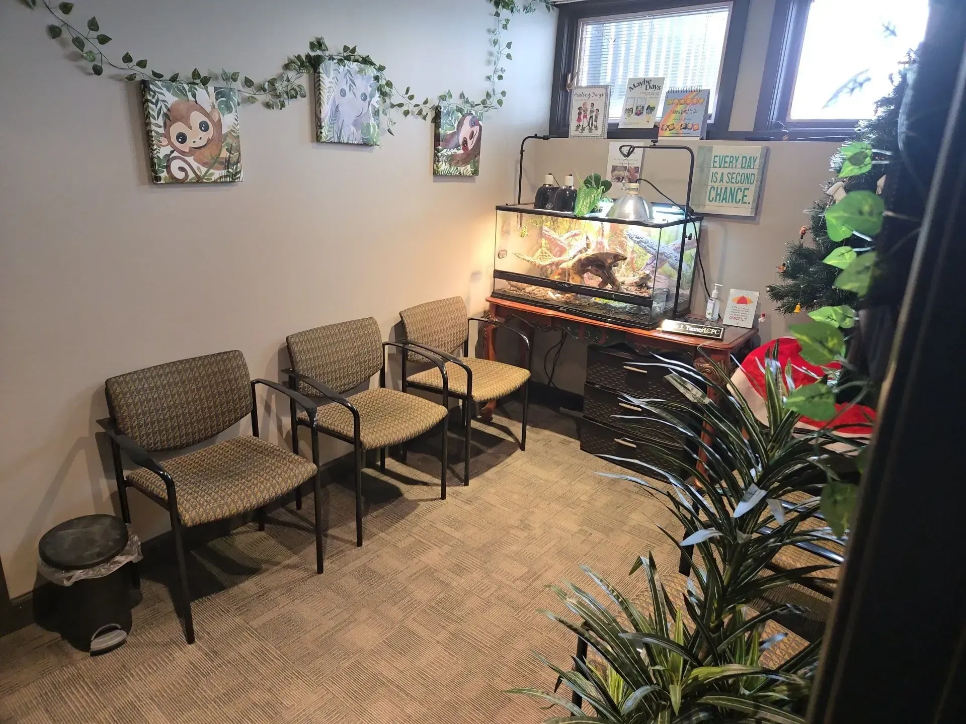 A waiting room with three chairs, a small trash bin, a terrarium, and decorative plants.
