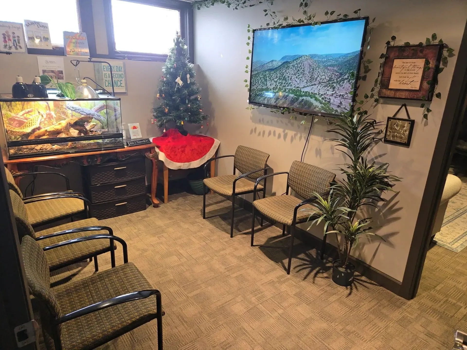 A waiting room with chairs, a television showing a landscape, a small Christmas tree, and an aquarium on a cabinet.