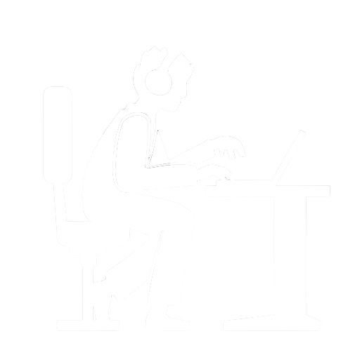 A black and white drawing of a person sitting at a table.