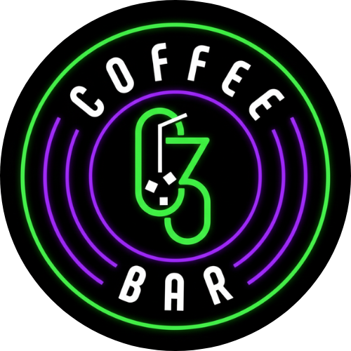Coffee Bar logo, black circle with neon green and purple rings. White text says