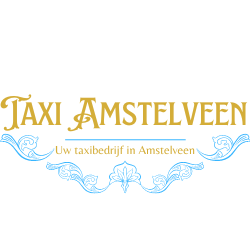 Taxi Amstelveen logo in gold and light blue with decorative swirls and tagline "Uw taxibedrijf in Amstelveen"