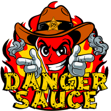 Danger Sauce Hot Sauce official logo featuring Carolina Reapers giving smoking finger guns.
