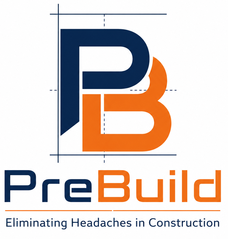 PreBuild logo with blue and orange PB monogram and slogan “Eliminating Headaches in Construction”