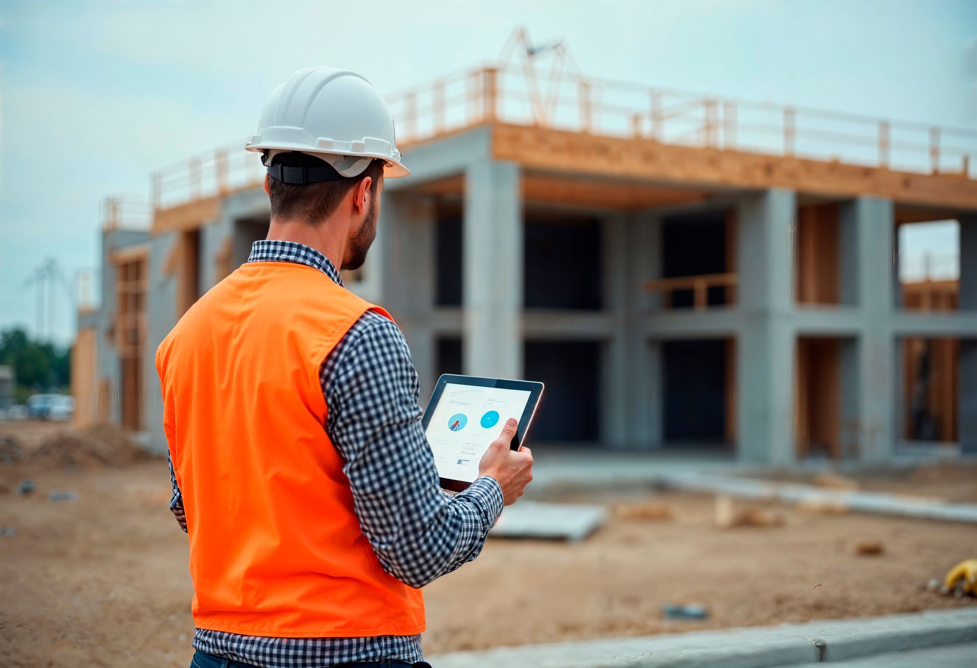 Construction worker in orange vest and white hard hat using a tablet at a building site