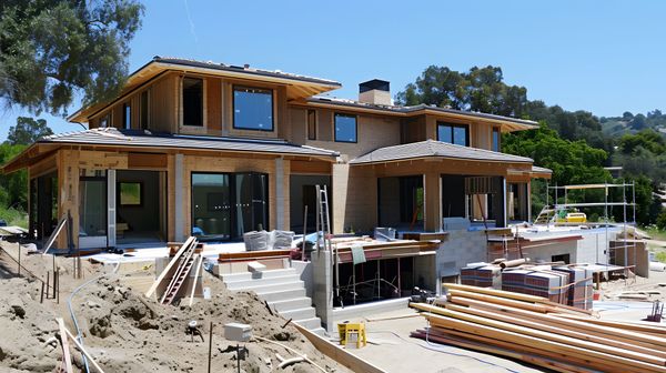 Modern house under construction with wood framing, windows, and stacks of lumber on a dirt lot