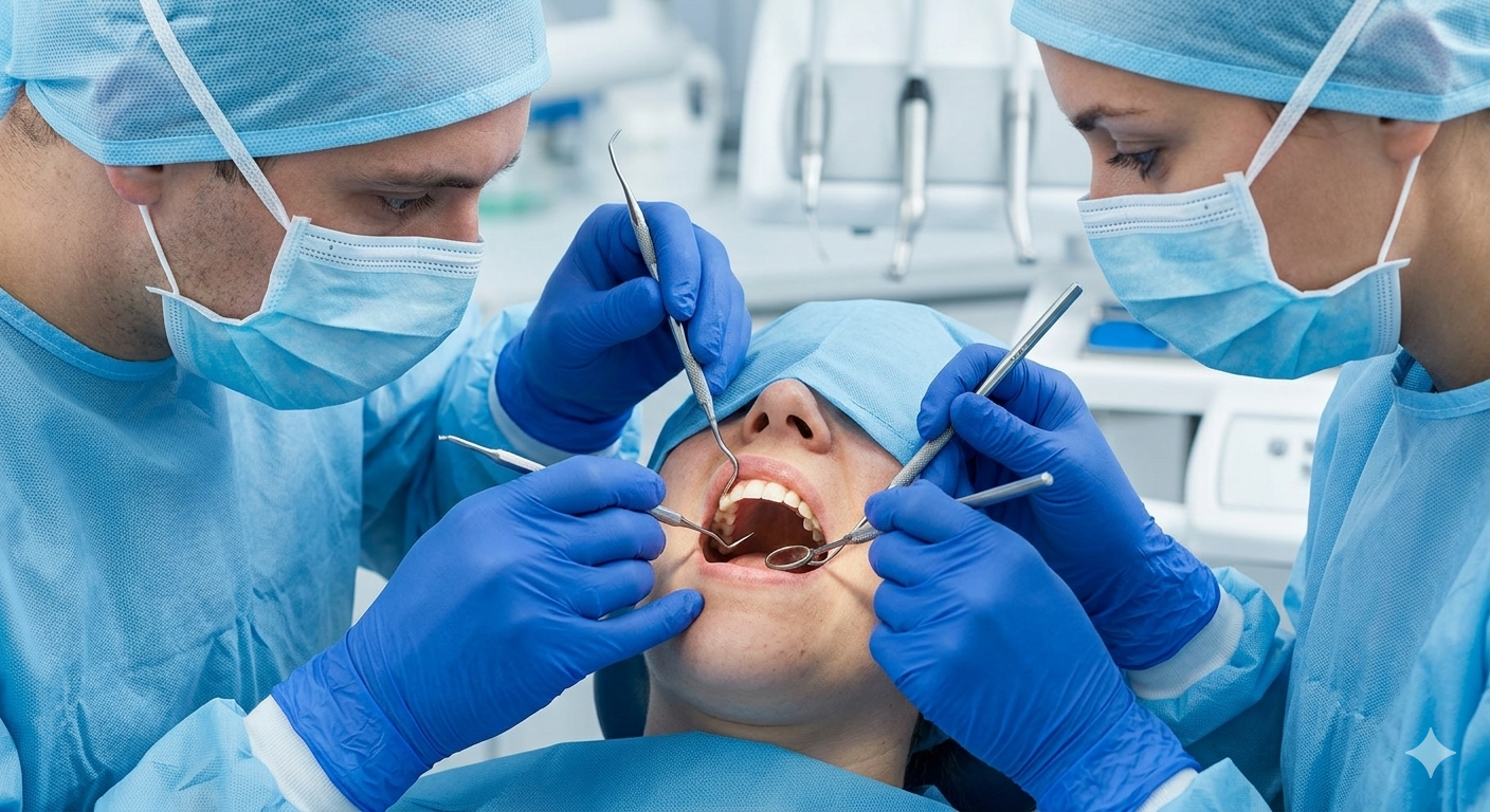 Una persona con i capelli ricci sorride seduta sulla poltrona del dentista, con un dentista in camice bianco e guanti blu nelle vicinanze.