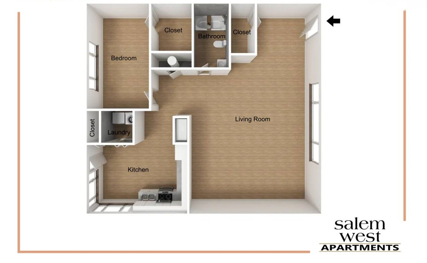 Floor Plan: 2 Bed · 1.5 Bath
TBD SQ. FT.