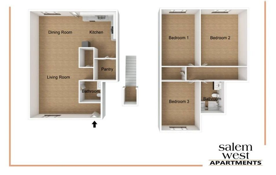 Floor Plan: Salem West 3 Bed · 1.5 Bath
1,191 SQ. FT.