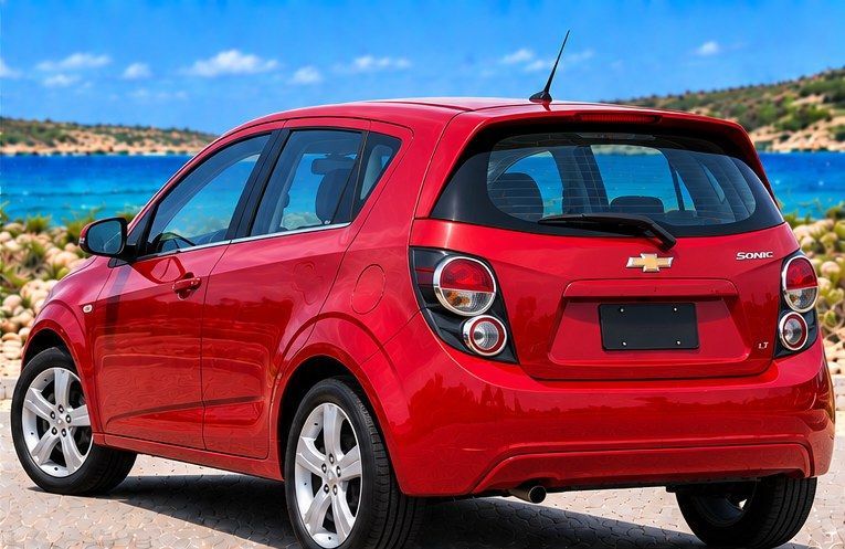 Rode Chevrolet Sonic huurauto op Curaçao, achteraanzicht