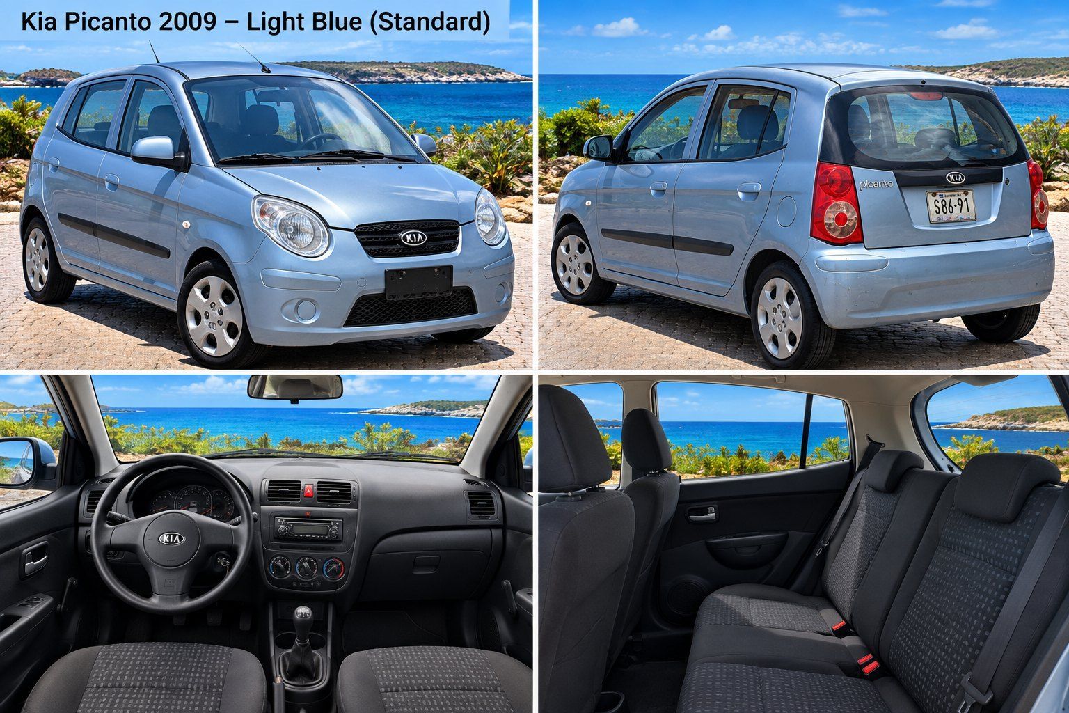 Lichtblauwe Kia Picanto huurauto op Curaçao: voorkant, achterkant en interieur