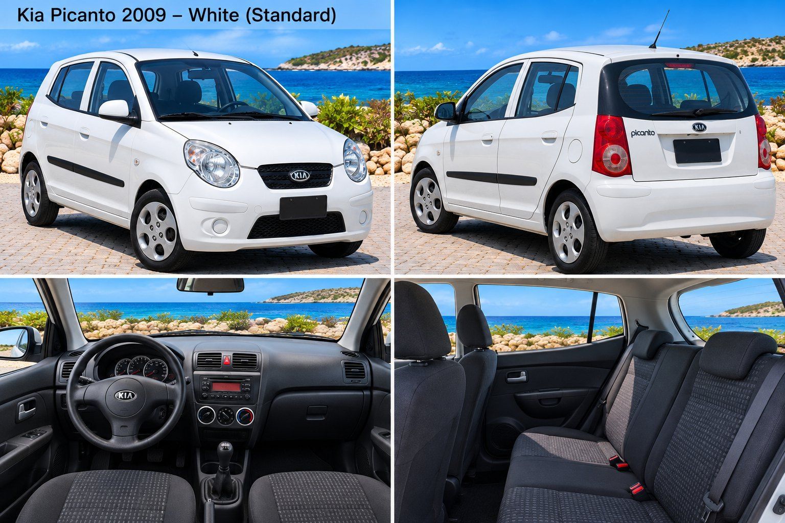Witte Kia Picanto huurauto op Curaçao: voorkant, achterkant en interieur