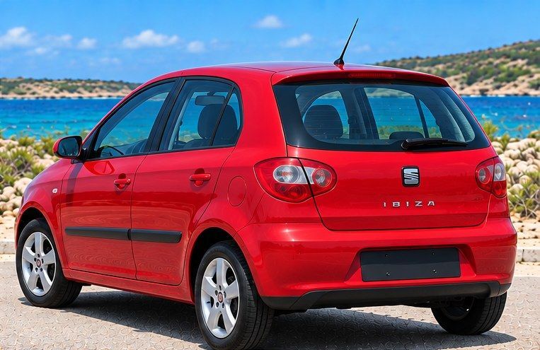 Rode Seat Ibiza huurauto op Curaçao, achteraanzicht