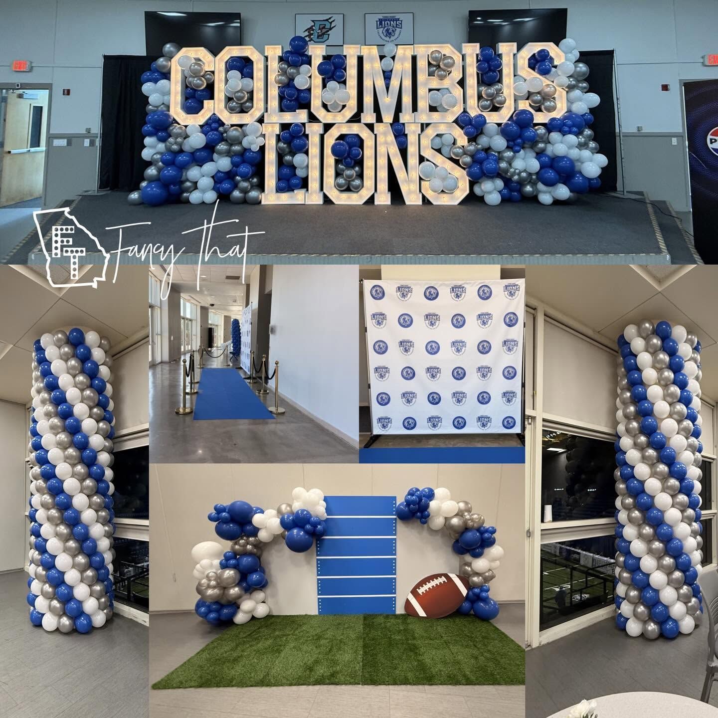 Columbus Lions photo backdrop with blue-and-white balloons, large gold letters, and football decor