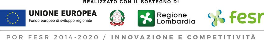 EU, Lombardia, and FESR logos on a blue banner with “Innovazione e competitività” text
