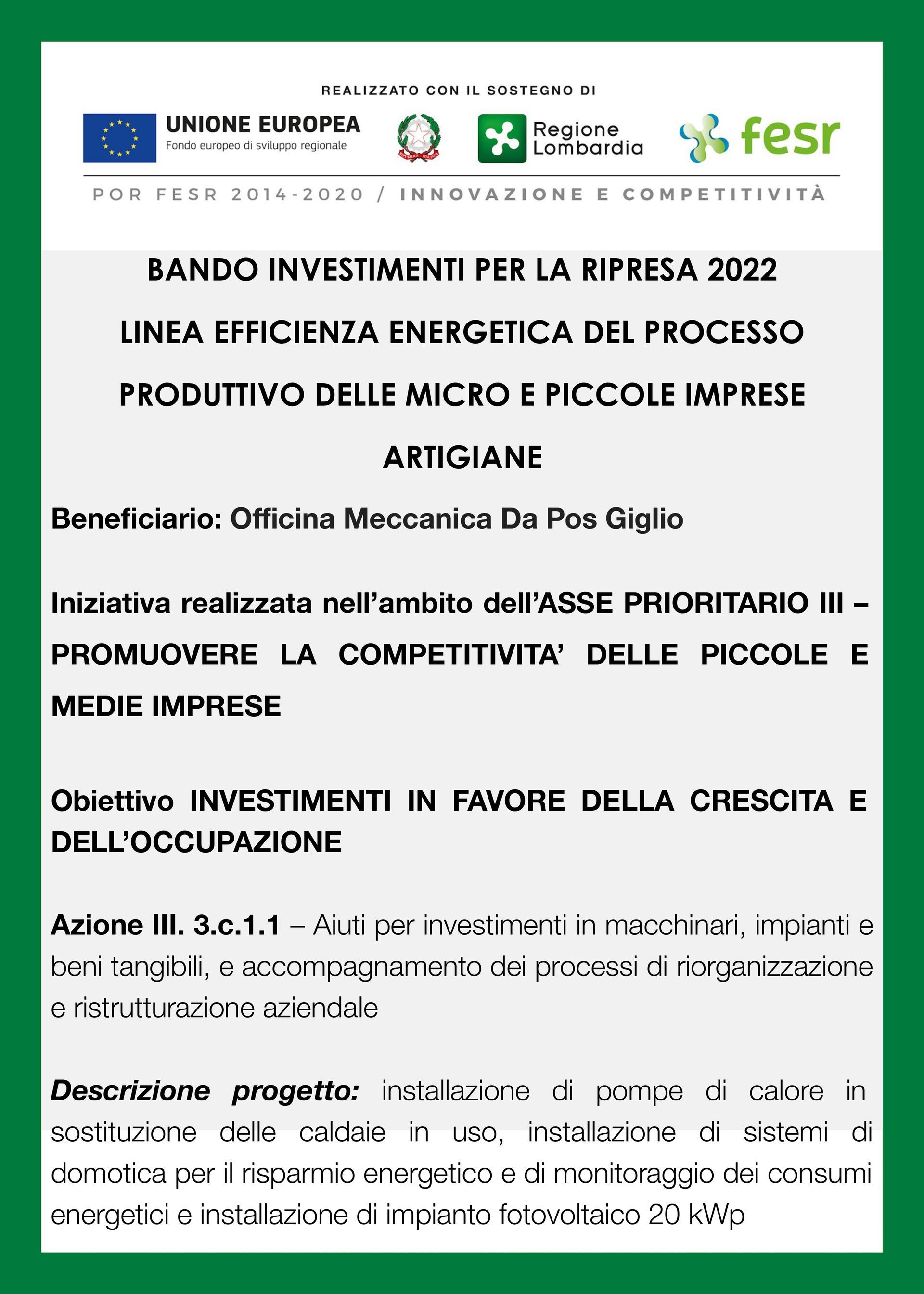 Manifesto informativo del governo italiano sui finanziamenti per l'efficienza energetica e la digitalizzazione aziendale, su sfondo verde.