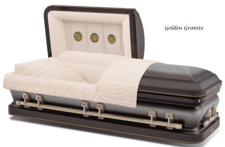 Luxury white and gray casket with gold trim, shown open on a white background