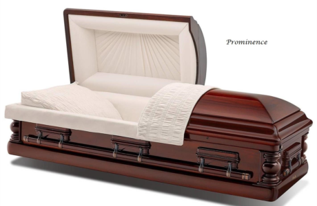 Dark cherry casket with cream satin interior, lid open on white background