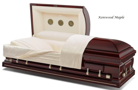Open casket with cream interior and dark wood exterior, branded