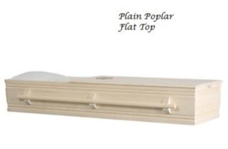 Plain poplar flat-top casket, white with beige trim on a white background
