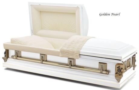 White and gold ornate casket with beige lining and decorative trim
