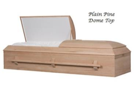 Plain pine casket with dome top and open lid