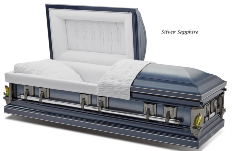 Silver sapphire casket with open lid and white interior, shown in a product-style view