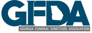 Georgia Funeral Directors Association logo in blue and white with Georgia outline