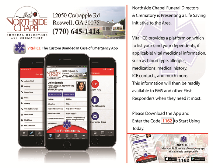 Northside Chapel funeral service flyer with phone screenshots and contact information.