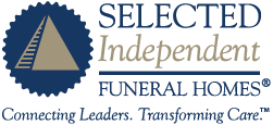 Selected Independent Funeral Homes logo with blue emblem and blue-and-gold text, plus tagline 