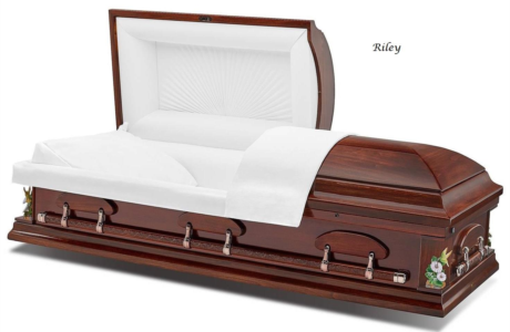 Mahogany casket with open white satin-lined lid, shown in side view.