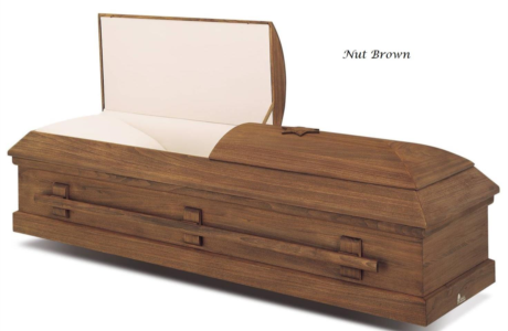 Wooden casket with open lid and white interior on a white background
