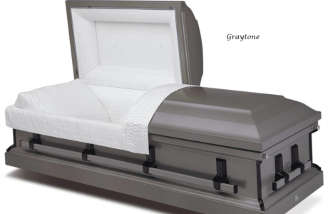 Gray casket with open lid, shown with white satin lining on a plain background