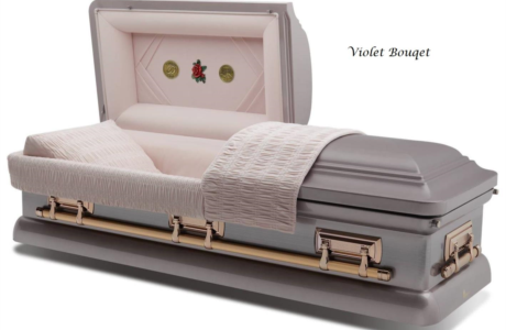Open casket with pink satin lining and gold hardware on a white background