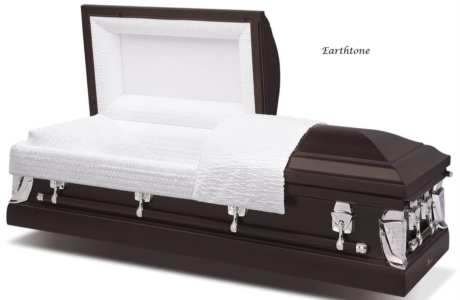 Open casket with white satin lining and dark brown exterior on a white background